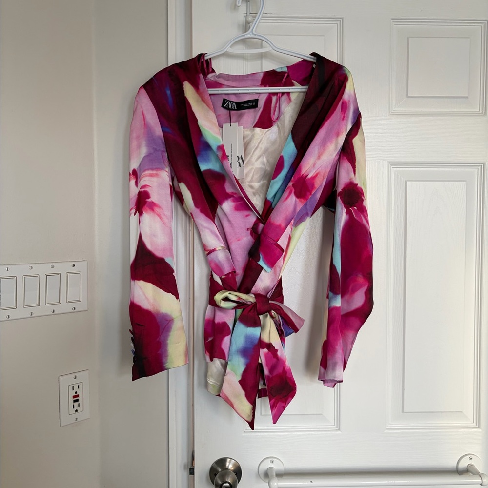 Zara Tie-Waist Satin Multicolor Floral Blazer